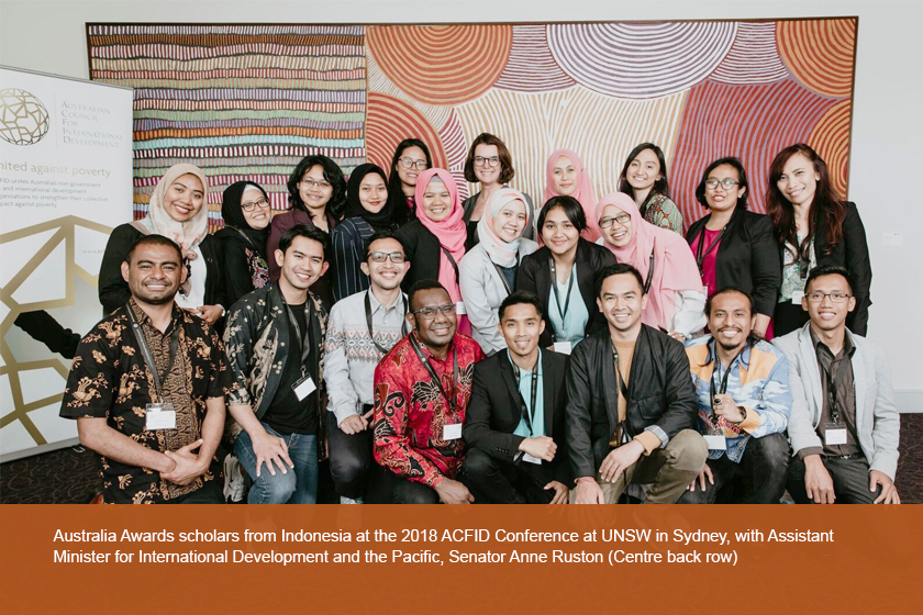 Australia Awards scholars from Indonesia at the 2018 ACFID Conference at UNSW in Sydney, with Assistant Minister for International Development and the Pacific, Senator Anne Ruston (Centre back row)